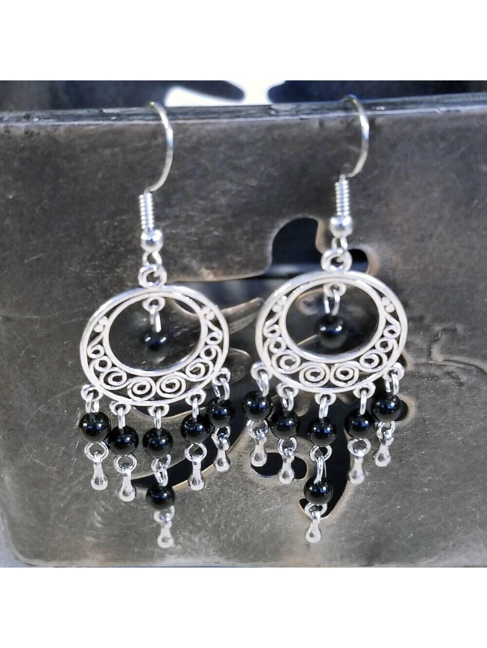 Handcrafted Natural Black Onyx Gemstone Antique Silver Chandelier Earrings